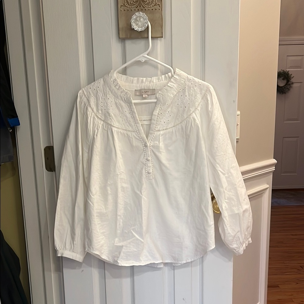 LOFT Women's White Embroidered Top